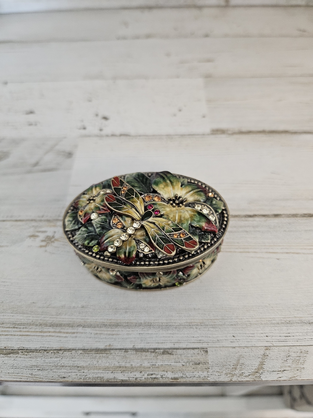 Vintage Enamel Dragonfly Trinket Box With Floral Metal Lid And Magnetic Closure
